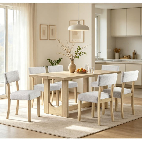 English Elm 7-Piece Japandi Dining Set Rubberwood Table with Linen Upholstered Chairs Seats Six W1998S00121