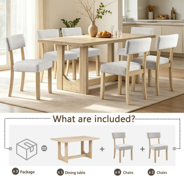 English Elm 7-Piece Japandi Dining Set Rubberwood Table with Linen Upholstered Chairs Seats Six W1998S00121