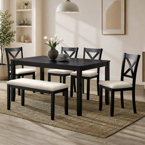 English Elm 6-Piece Farmhouse Dining Set Rubberwood Table X-Back Chairs Bench Padded Linen Seats W1998S00124