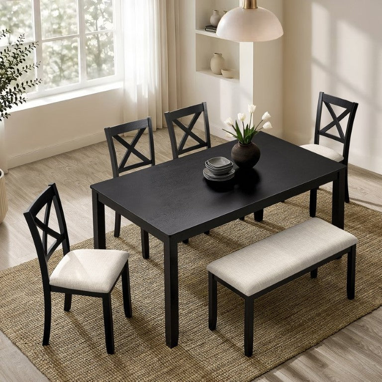 English Elm 6-Piece Farmhouse Dining Set Rubberwood Table X-Back Chairs Bench Padded Linen Seats W1998S00124