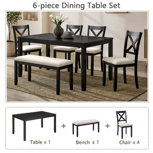 English Elm 6-Piece Farmhouse Dining Set Rubberwood Table X-Back Chairs Bench Padded Linen Seats W1998S00124