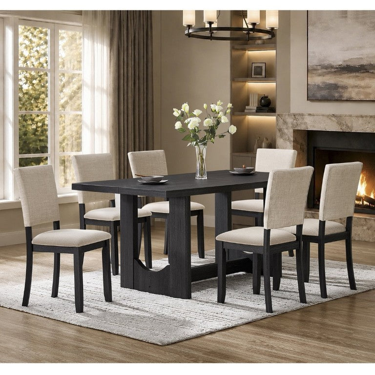 English Elm 7-Piece Farmhouse Dining Set Seats Six with Linen Upholstered Chairs and Trestle Base W1998S00126