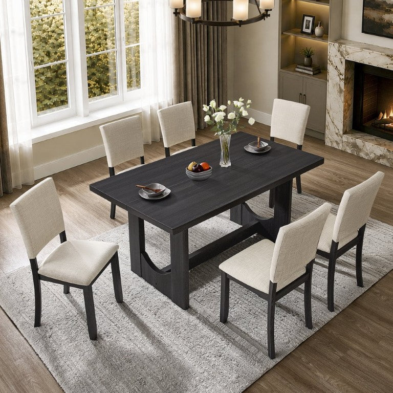 English Elm 7-Piece Farmhouse Dining Set Seats Six with Linen Upholstered Chairs and Trestle Base W1998S00126
