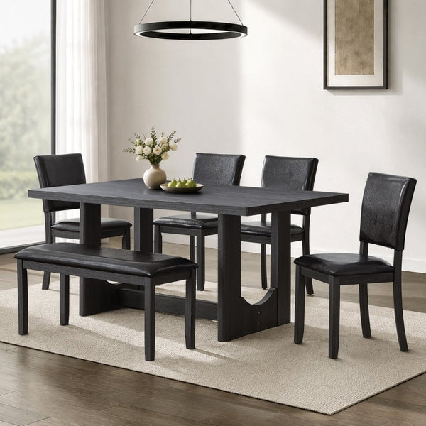 English Elm 6-Piece Farmhouse Dining Set with Bench Rubberwood Table and PU Leather Chairs W1998S00127