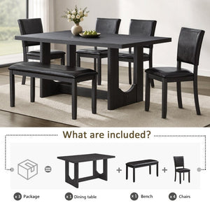 English Elm 6-Piece Farmhouse Dining Set with Bench Rubberwood Table and PU Leather Chairs W1998S00127