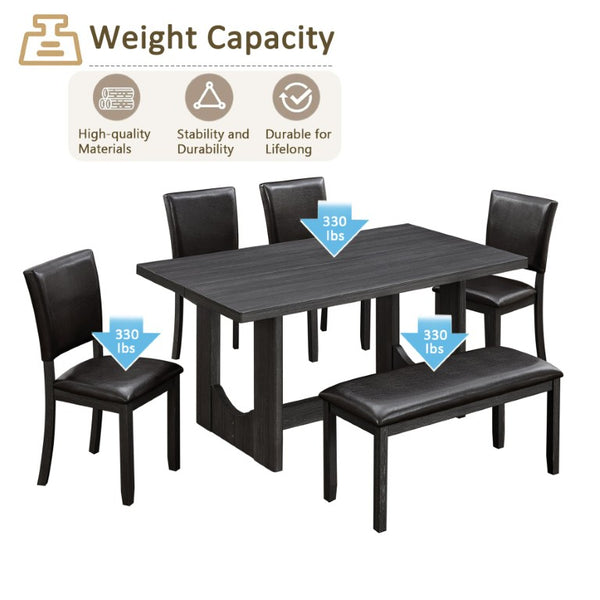 English Elm 6-Piece Farmhouse Dining Set with Bench Rubberwood Table and PU Leather Chairs W1998S00127