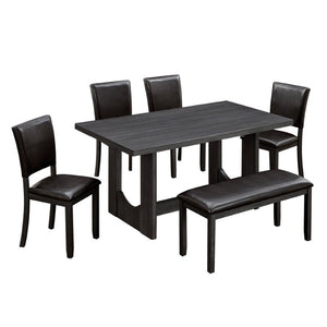 English Elm 6-Piece Farmhouse Dining Set with Bench Rubberwood Table and PU Leather Chairs W1998S00127