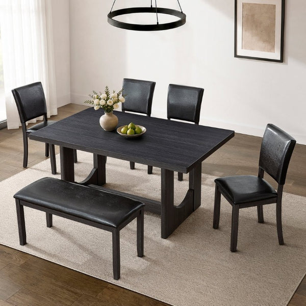English Elm 6-Piece Farmhouse Dining Set with Bench Rubberwood Table and PU Leather Chairs W1998S00127