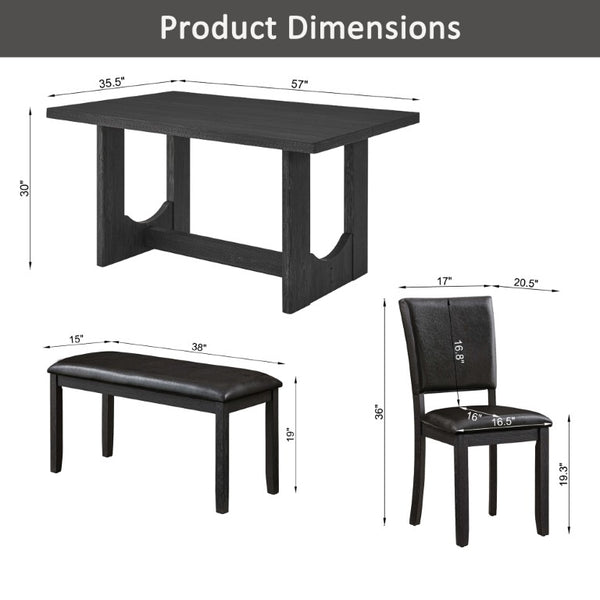 English Elm 6-Piece Farmhouse Dining Set with Bench Rubberwood Table and PU Leather Chairs W1998S00127