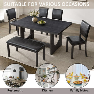 English Elm 6-Piece Farmhouse Dining Set with Bench Rubberwood Table and PU Leather Chairs W1998S00127