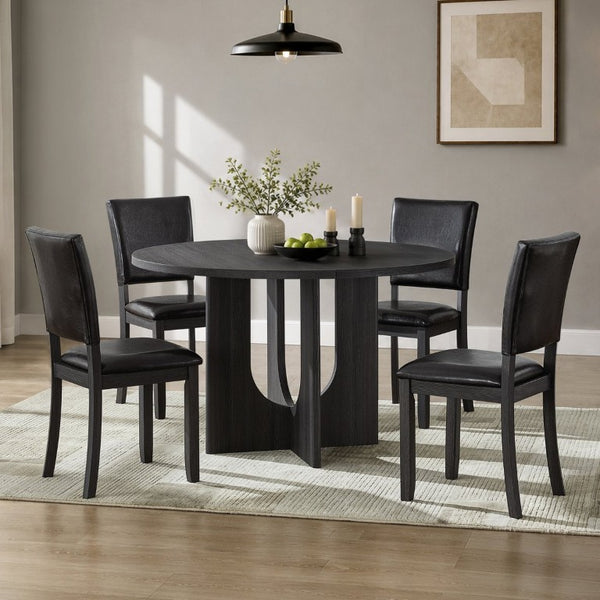 English Elm 5-Piece Round Dining Set Seats 6 with MDF Top Cross Base and PU Leather Chairs W1998S00128