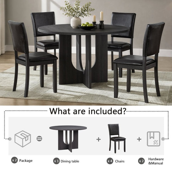 English Elm 5-Piece Round Dining Set Seats 6 with MDF Top Cross Base and PU Leather Chairs W1998S00128