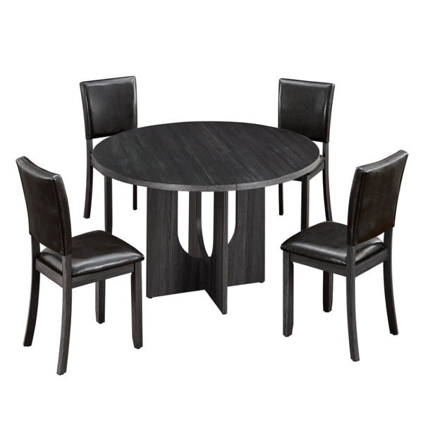English Elm 5-Piece Round Dining Set Seats 6 with MDF Top Cross Base and PU Leather Chairs W1998S00128