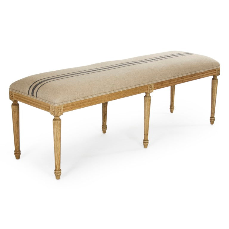 Zentique Louis Blue Striped Bench with Solid Oak Frame, Linen Padded Seat, Timeless Entryway Seating 94 chars W1 CFH034-3 E255-3 Blue