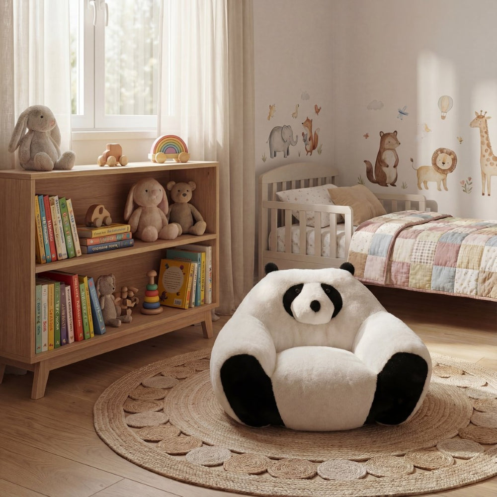 English Elm Panda-shaped Beanbag Chair Faux Fur Kids Playroom Accent Sculptural Foam Seat W2012P399207