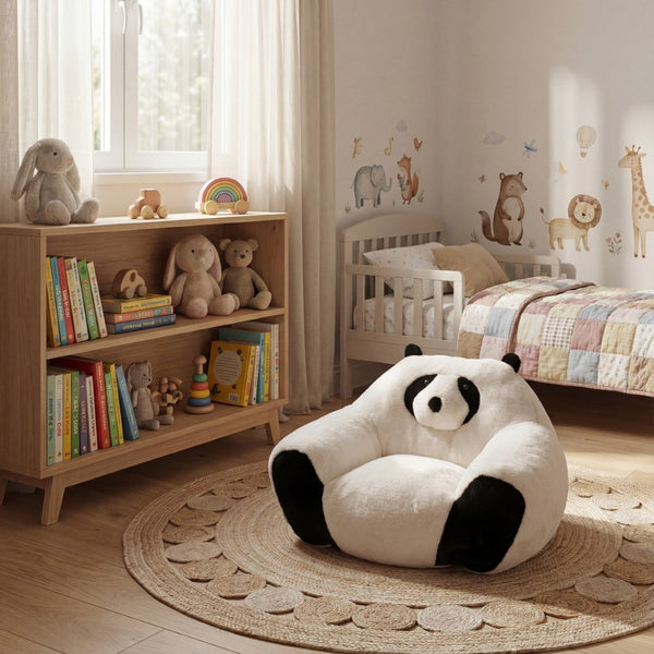 English Elm Panda-shaped Beanbag Chair Faux Fur Kids Playroom Accent Sculptural Foam Seat W2012P399207