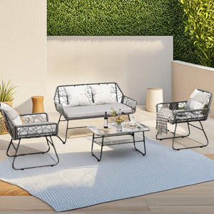 English Elm 4-piece Outdoor Wicker Conversation Set with Glass Top Table and Washable Cushions W2071P291653
