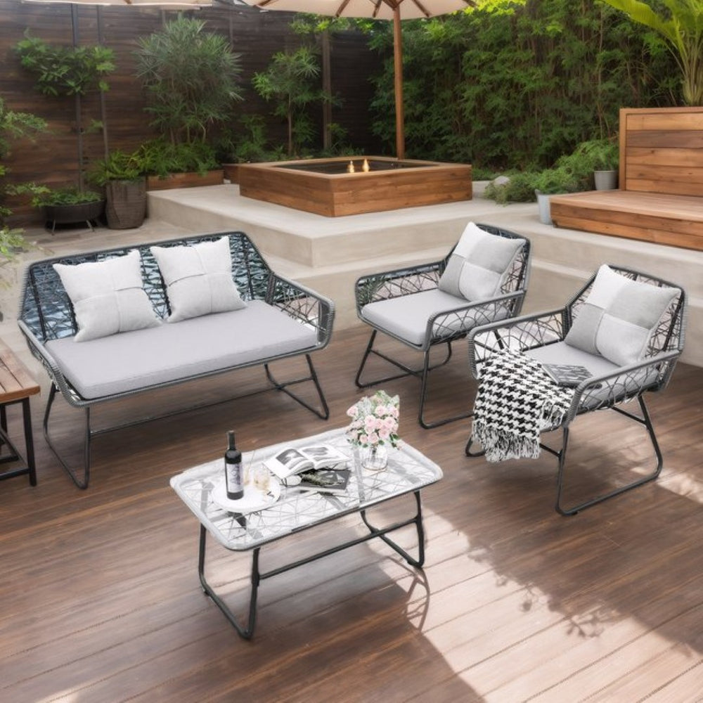English Elm 4-piece Outdoor Wicker Conversation Set with Glass Top Table and Washable Cushions W2071P291653