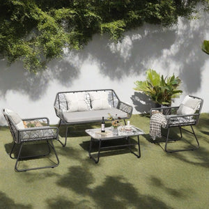 English Elm 4-piece Outdoor Wicker Conversation Set with Glass Top Table and Washable Cushions W2071P291653
