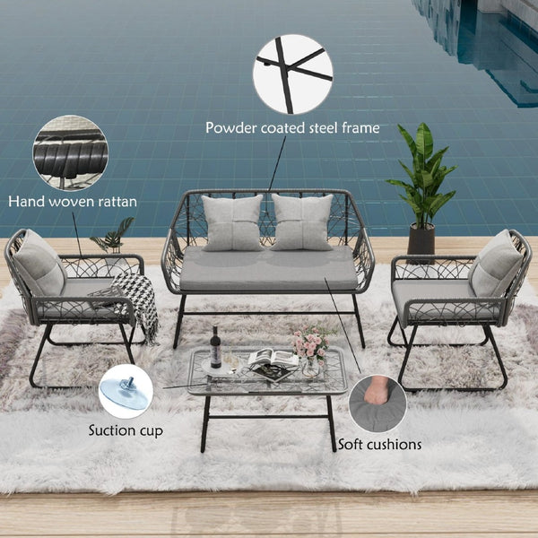 English Elm 4-piece Outdoor Wicker Conversation Set with Glass Top Table and Washable Cushions W2071P291653
