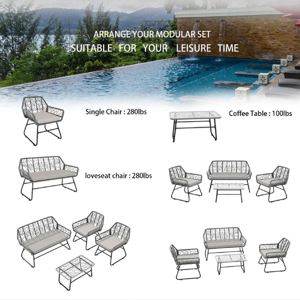 English Elm 4-piece Outdoor Wicker Conversation Set with Glass Top Table and Washable Cushions W2071P291653