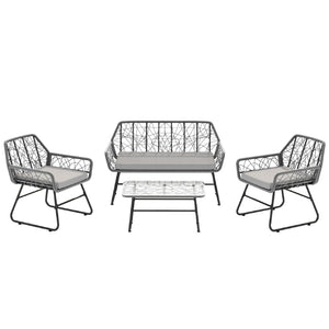 English Elm 4-piece Outdoor Wicker Conversation Set with Glass Top Table and Washable Cushions W2071P291653