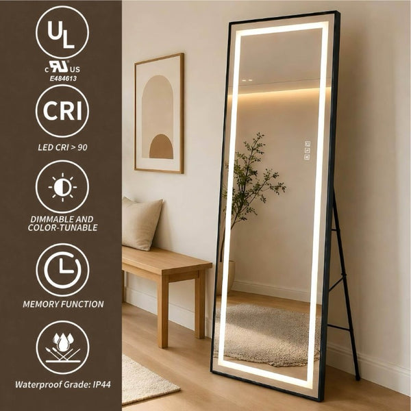 English Elm 65 Inch LED Full Length Mirror Dimmable Aluminum Frame Freestanding or Wall Mounted W2071P545741