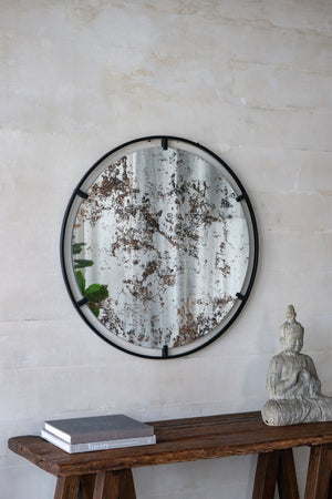 English Elm D31.5x0.5 Theodor Round Iron Frame Wall Mirror Antiqued Glass Industrial Entryway Accent W2078124323