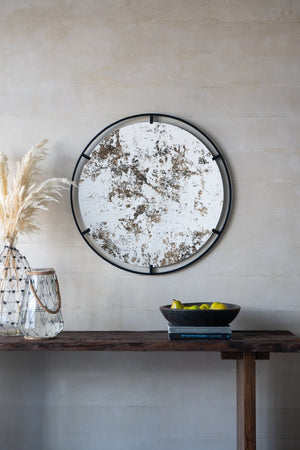 English Elm D31.5x0.5 Theodor Round Iron Frame Wall Mirror Antiqued Glass Industrial Entryway Accent W2078124323