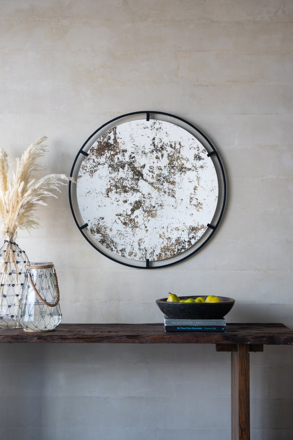 English Elm D31.5x0.5 Theodor Round Iron Frame Wall Mirror Antiqued Glass Industrial Entryway Accent W2078124323