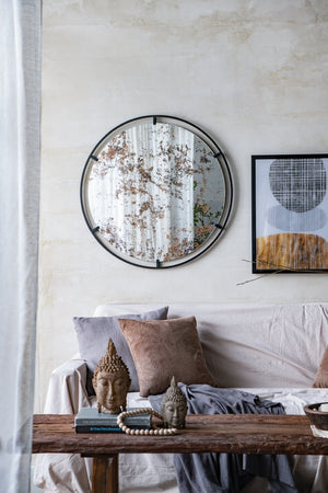 English Elm D31.5x0.5 Theodor Round Iron Frame Wall Mirror Antiqued Glass Industrial Entryway Accent W2078124323