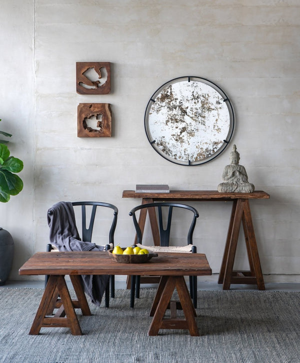 English Elm D31.5x0.5 Theodor Round Iron Frame Wall Mirror Antiqued Glass Industrial Entryway Accent W2078124323