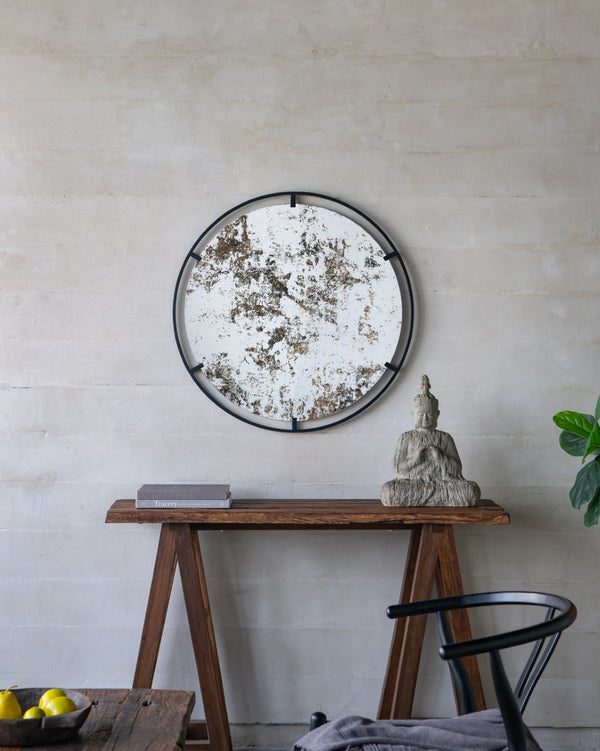 English Elm D31.5x0.5 Theodor Round Iron Frame Wall Mirror Antiqued Glass Industrial Entryway Accent W2078124323