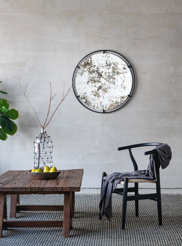 English Elm D31.5x0.5 Theodor Round Iron Frame Wall Mirror Antiqued Glass Industrial Entryway Accent W2078124323