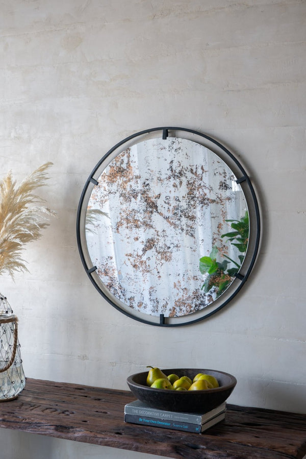 English Elm D31.5x0.5 Theodor Round Iron Frame Wall Mirror Antiqued Glass Industrial Entryway Accent W2078124323