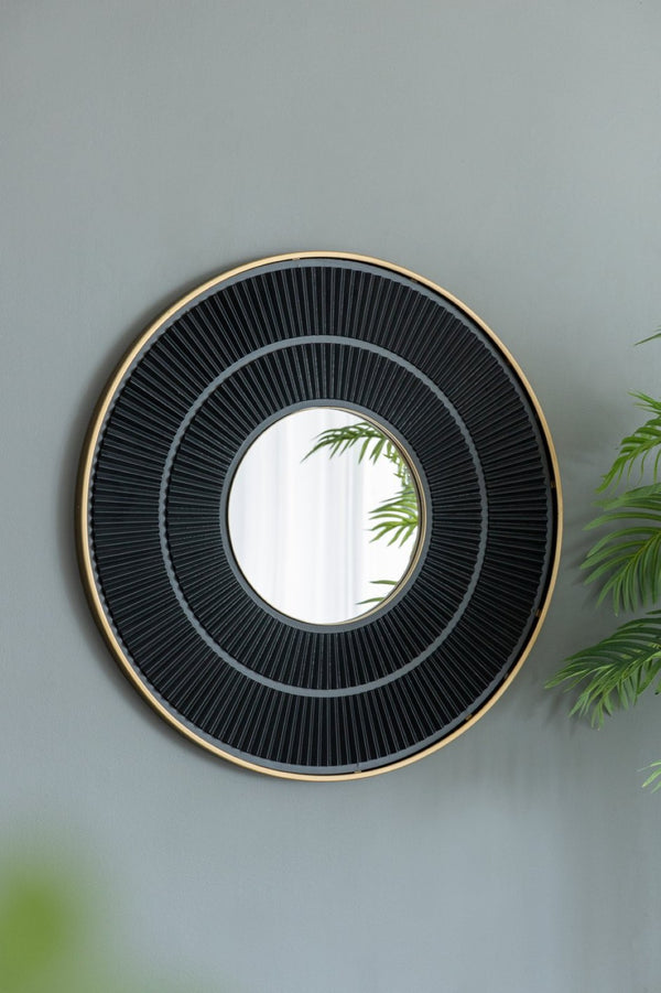 English Elm 31.5X1x31.5 Round Gold Iron Sunburst Wall Mirror Sculptural Pleated Frame for Living Rooms W2078124347