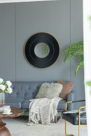 English Elm 31.5X1x31.5 Round Gold Iron Sunburst Wall Mirror Sculptural Pleated Frame for Living Rooms W2078124347
