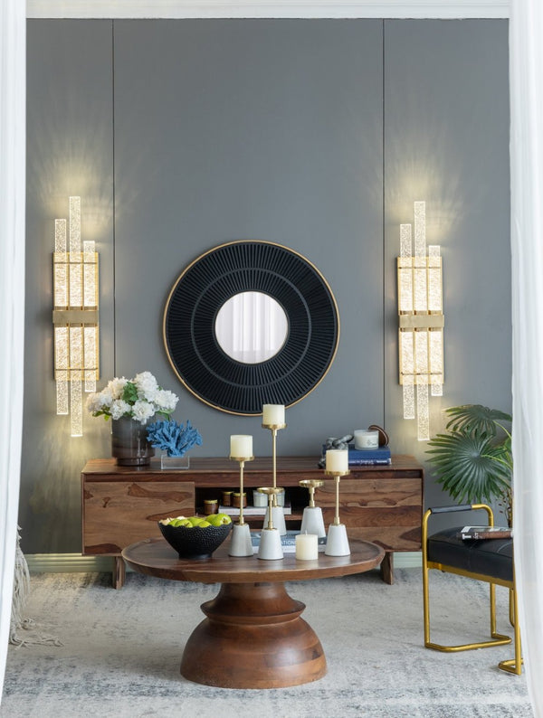 English Elm 31.5X1x31.5 Round Gold Iron Sunburst Wall Mirror Sculptural Pleated Frame for Living Rooms W2078124347