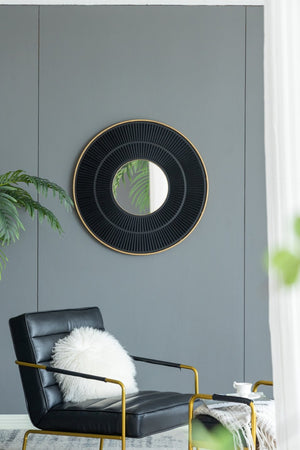 English Elm 31.5X1x31.5 Round Gold Iron Sunburst Wall Mirror Sculptural Pleated Frame for Living Rooms W2078124347