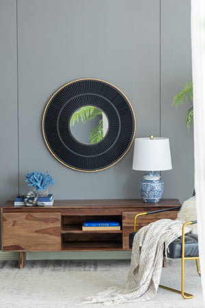 English Elm 31.5X1x31.5 Round Gold Iron Sunburst Wall Mirror Sculptural Pleated Frame for Living Rooms W2078124347