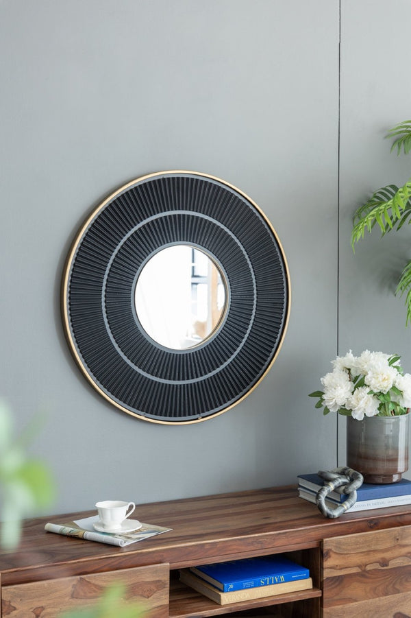 English Elm 31.5X1x31.5 Round Gold Iron Sunburst Wall Mirror Sculptural Pleated Frame for Living Rooms W2078124347
