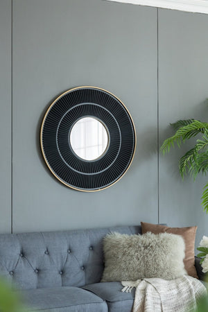 English Elm 31.5X1x31.5 Round Gold Iron Sunburst Wall Mirror Sculptural Pleated Frame for Living Rooms W2078124347
