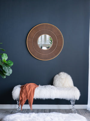 English Elm 31.5X1x31.5 Round Carved MDF Wall Mirror Gold Iron Frame Sculptural Entryway Decor W2078124348