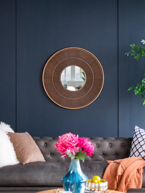 English Elm 31.5X1x31.5 Round Carved MDF Wall Mirror Gold Iron Frame Sculptural Entryway Decor W2078124348