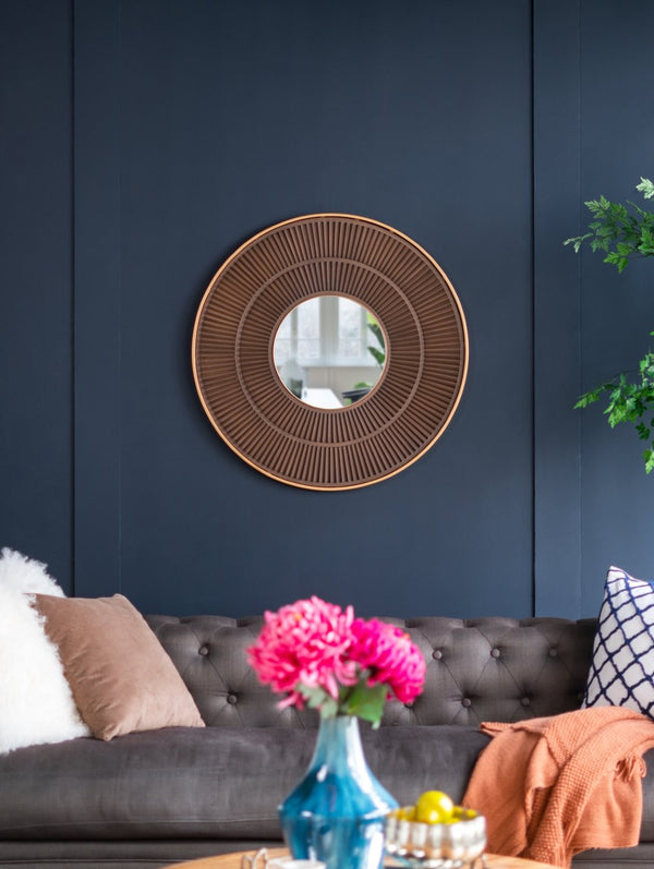 English Elm 31.5X1x31.5 Round Carved MDF Wall Mirror Gold Iron Frame Sculptural Entryway Decor W2078124348