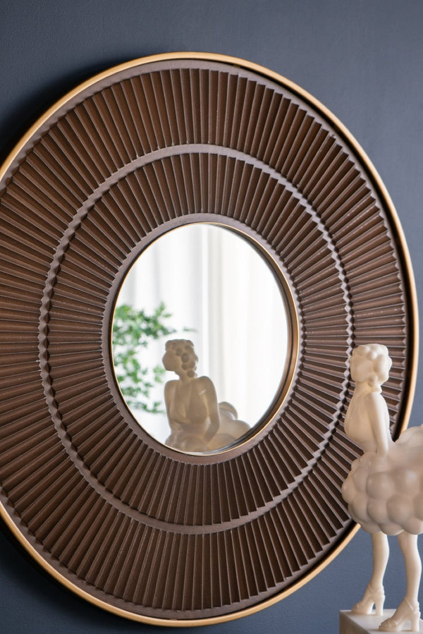 English Elm 31.5X1x31.5 Round Carved MDF Wall Mirror Gold Iron Frame Sculptural Entryway Decor W2078124348