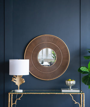 English Elm 31.5X1x31.5 Round Carved MDF Wall Mirror Gold Iron Frame Sculptural Entryway Decor W2078124348