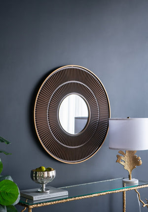 English Elm 31.5X1x31.5 Round Carved MDF Wall Mirror Gold Iron Frame Sculptural Entryway Decor W2078124348