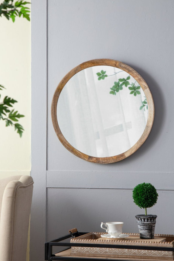 English Elm D20x1.5"transitional Mango Wood Round Mirror Natural Finish Porthole Frame Entryway Bath W2078130544
