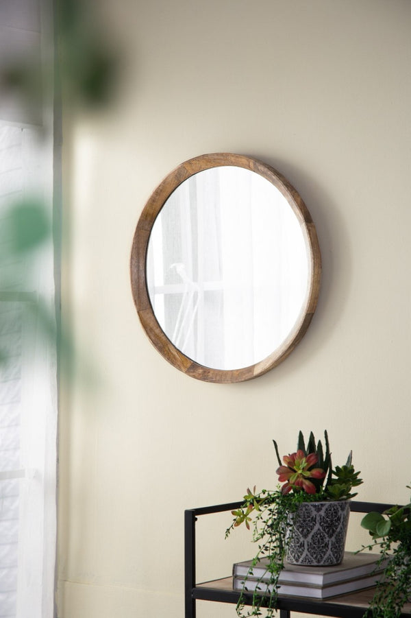 English Elm D20x1.5"transitional Mango Wood Round Mirror Natural Finish Porthole Frame Entryway Bath W2078130544